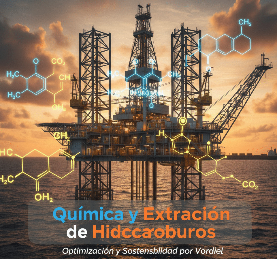 Una plataforma de perforación de petróleo con una representación de moléculas químicas superpuestas