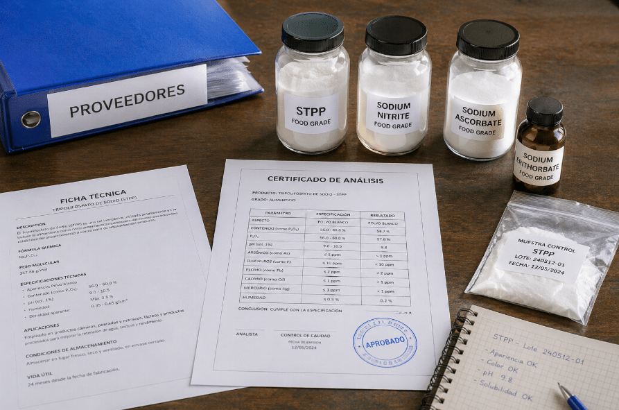 Mesa de trabajo con documentación técnica, certificados y muestras de productos químicos industriales, sin personas en primer plano