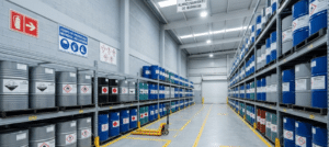 Depósito industrial con estanterías, tambores y contenedores de productos químicos etiquetados