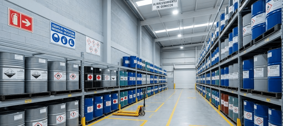 Depósito industrial con estanterías metálicas, tambores y contenedores de productos químicos correctamente etiquetados, sin personas en primer plano
