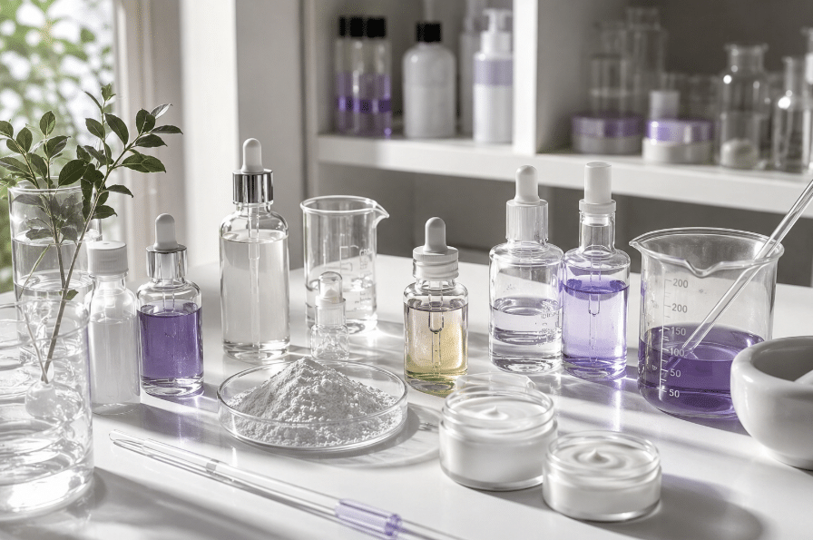 Laboratorio cosmético con frascos de formulación, pipetas y materias primas sobre mesada de acero inoxidable, sin personas en primer plano