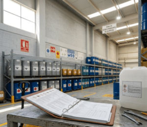 Carpeta con fichas de datos de seguridad química junto a bidones industriales