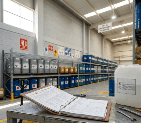 Carpeta con fichas de datos de seguridad química junto a bidones industriales en un depósito, luz natural de día
