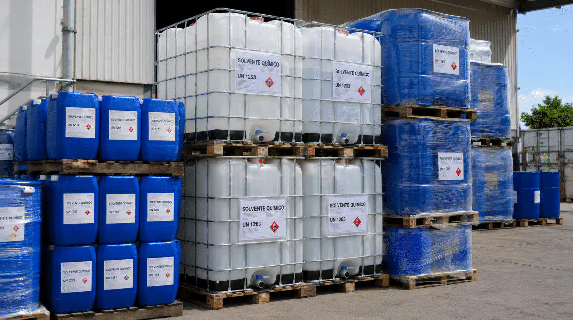 Bidones de alcohol isopropílico en planta industrial