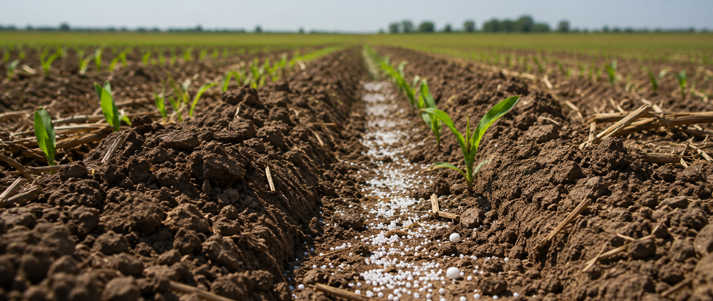 Fertilizante granulado aplicado en siembra de soja